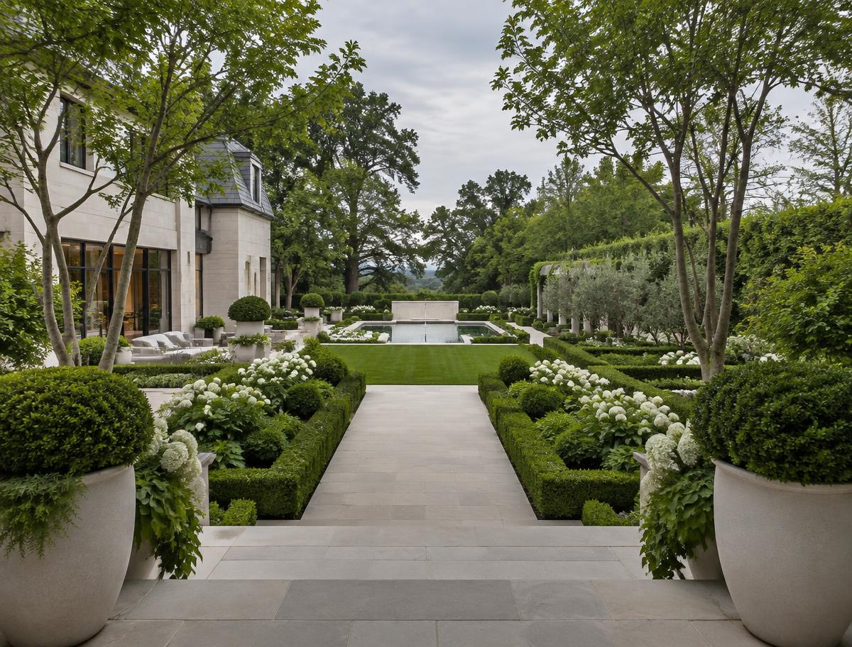 Conceptual garden design with sculpted planting and stone walkway