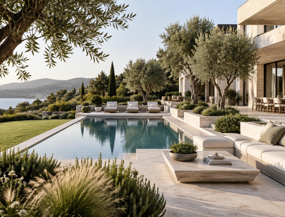 Modern outdoor living area beside a pool